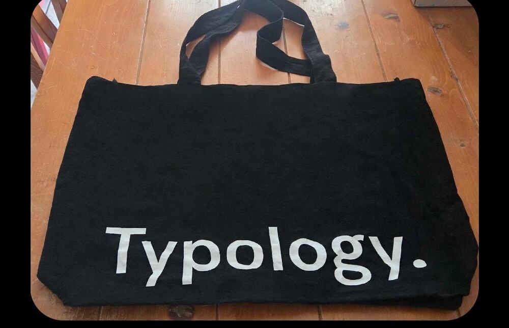Typology Paris Black Canvas Tote Bag Bold White Logo Graphic Everyday Carryall